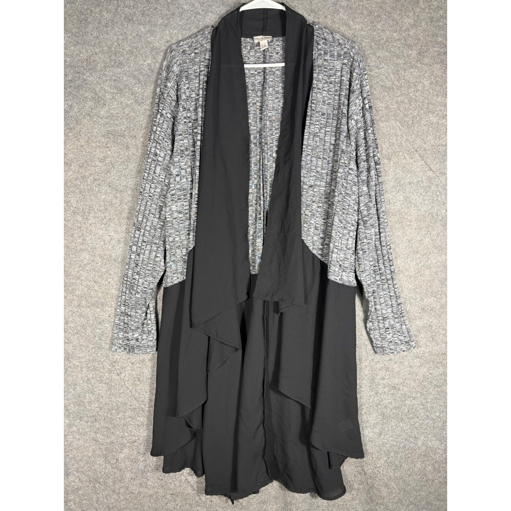 LOGO Lori Goldstein Womens 3X Cardigan Grey Black Ribbed Knit Chiffon Open Front